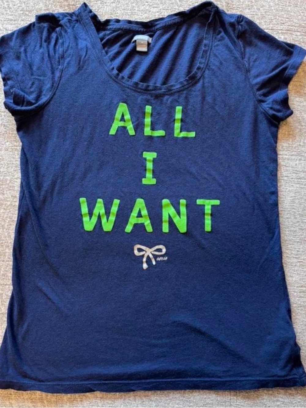 aerie navy short sleeve tee with neon green 'ALL I WANT' graphic